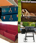 Collage of two storage boxes, a cat inside an open case, and a black outdoor smoker grill with bright garden backdrop