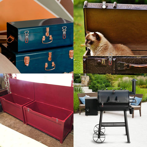 Collage of two storage boxes, a cat inside an open case, and a black outdoor smoker grill with bright garden backdrop