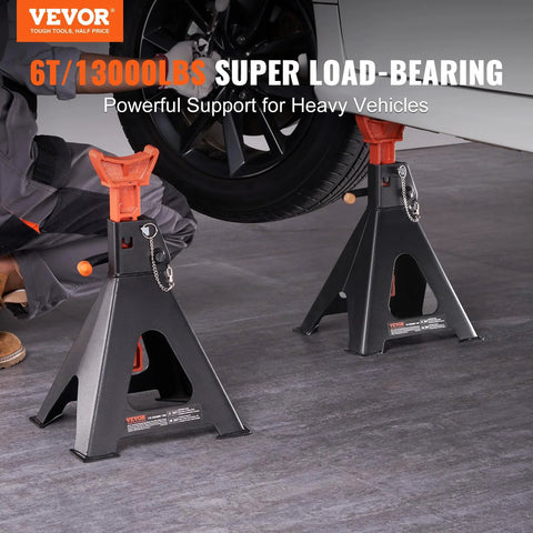 VEVOR 6-ton jack stands, pair with orange tops and black bases; adjustable 14.2–23 in for lifting heavy vehicles