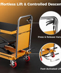 Side view of CAMMOO hydraulic lift table cart, yellow, 330 lb capacity, foot-activated lift with non-slip pad
