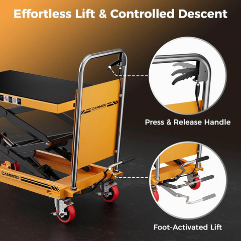 Side view of CAMMOO hydraulic lift table cart, yellow, 330 lb capacity, foot-activated lift with non-slip pad