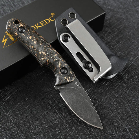 DC53 Steel Fixed Blade Knife With Rugged Shredded Carbon Fiber Handle And Kydex Sheath on black surface