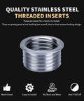 Close-up of stainless steel threaded insert for M14x1.5 Thread Repair Kit with labels highlighting quality and easy installation.