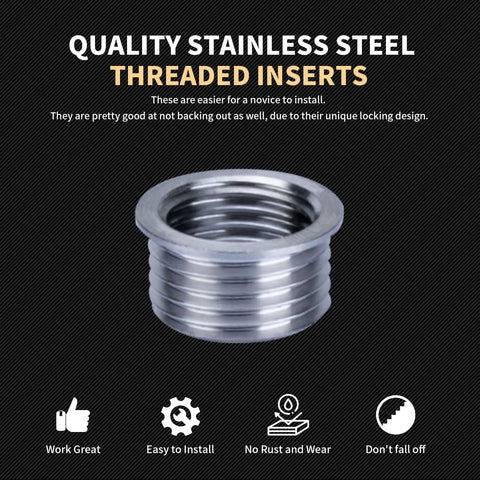 Close-up of stainless steel threaded insert for M14x1.5 Thread Repair Kit with labels highlighting quality and easy installation.