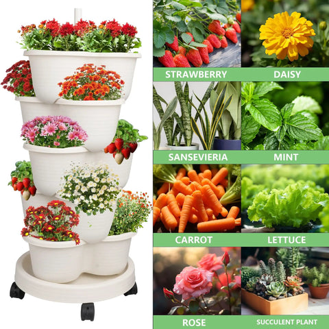 5 Tier Stackable Garden Tower Strawberry Planter For Flowers Vegetables Herbs And Succulents A Vertical Garden Dream To Grow Your Own Fresh Produce At Home with white tiered planters and variety of plants