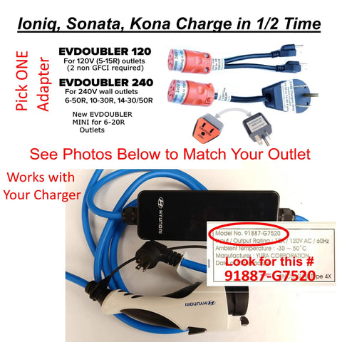 Universal Electric Vehicle Charger Adapter For Straight Up Fast Charging Uses NEMA 620 Socket Fits hybrid and EV models, showing charger with blue cable.