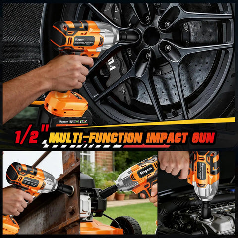 Magsen Cordless Impact Wrench With 700 Ft-Lbs High Torque Brushless Motor And 21V Dual Batteries Includes Six Sockets Hard Case For Car Tire Lug Nut Removal Home Auto Mechanic Tools Heavy Duty Power in use on car wheel.