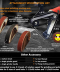 Attachment specification list for Heavy Duty Workhorse 1080W Pipe Tube Polisher Sander showing sanding belts and working arm.