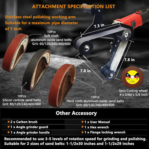 Attachment specification list for Heavy Duty Workhorse 1080W Pipe Tube Polisher Sander showing sanding belts and working arm.