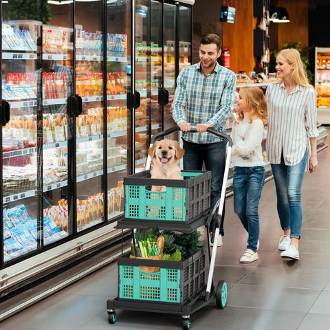 Family using 8 In 1 Collapsible Shopping Cart With 350 Lb Capacity, Heavy Duty Foldable Grocery Cart On Wheels in supermarket