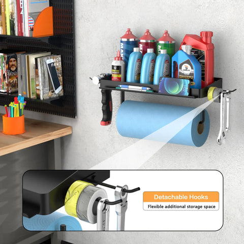 One Hand Tear Garage Paper Towel Holder With Shelf For Wall Mount 12 Inch Shop Paper Towel Dispenser Heavy Duty Iron Black Finish Super Handy Includes 2 Detachable Hooks For Garage And Tool Room, installed with blue paper towel and tools