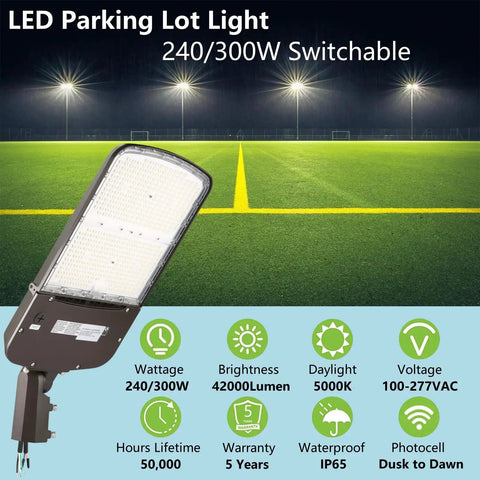 LED parking lot light in use, showing 300W Outdoor LED Parking Lot Light With Slip Fitter Mount, Dimmable 0-10V, 5000K Cool White, 45000LM
