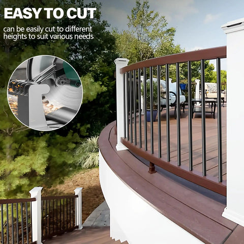 Curved deck railing with 101 Pack 26 Inch Hollow Aluminum Deck Balusters For Railing And Fencing, close-up of connecting area.