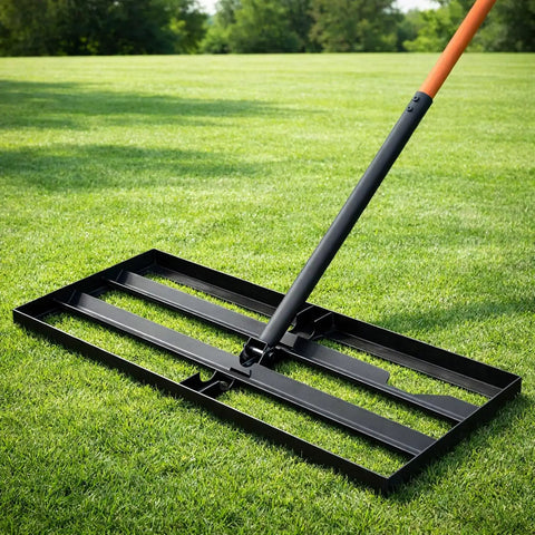 Stainless Steel Leveling Rake With 78 Inch Adjustable Handle, 30x10 Inch Leveling Tool in Bright Orange on grass