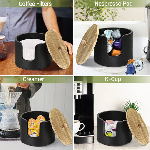 Coffee Filter Holder And Countertop Storage Jar With Lid For Easy Organization, wood jar storing various coffee items.