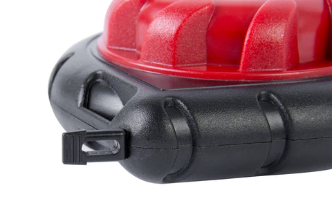 Close-up of Mini Cable Snake 15 Ft Steel Fish Tape for Electrical Wiring with durable red and black housing, end view.