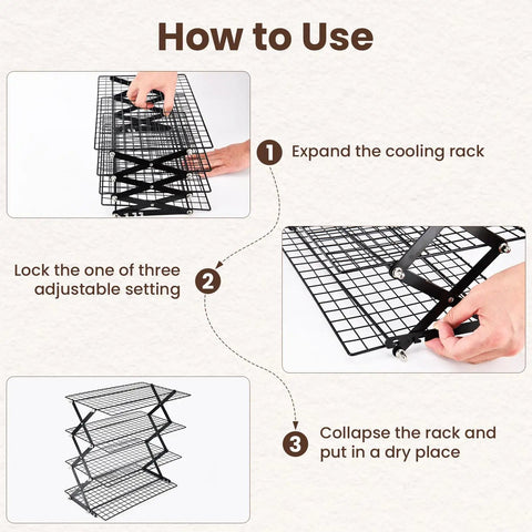 Guide for using Game-Changing 4-Tier Collapsible Cooling Rack for Baking, showing expansion and collapsing steps.