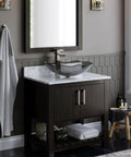 Oblong Fluted Clear Black Glass Vessel Sink For Above Counter Install Tempered Scratch Resistant Non Porous Vessel With Standard 1.75 Inch Drain Opening And Easy Install For A Modern Bathroom Upgrade 20 By 15 By 5.5 Inches in a modern bathroom setting