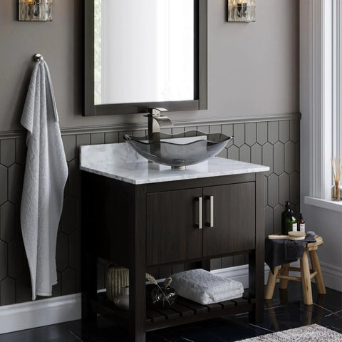 Oblong Fluted Clear Black Glass Vessel Sink For Above Counter Install Tempered Scratch Resistant Non Porous Vessel With Standard 1.75 Inch Drain Opening And Easy Install For A Modern Bathroom Upgrade 20 By 15 By 5.5 Inches in a modern bathroom setting