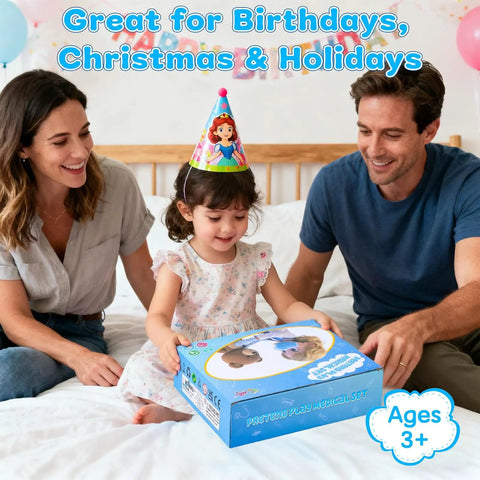 Child with parents opening Kids Doctor Kit With Real Stethoscope And Storage Bag, 28 Piece Pretend Play Medical Toy, Ages 3+