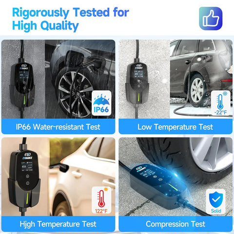 Level 2 EV Charger 40 Amp 240 V 9.6 kW undergoing IP66 water, temperature, and compression tests for durability
