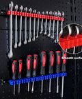 10 Piece Screwdriver And Wrench Organizer Wall Mount Hand Tool Holder With Clips Plastic Rail Tool Rack For Screwdrivers Wrenches Pliers And Small Tools installed on black wall featuring smooth surface for organized storage of hand tools.