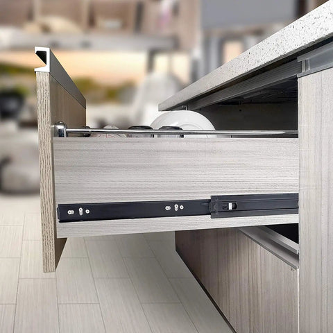 Rugged 18 Inch Full Extension Drawer Slides With Ball Bearings For Side Mount Cabinets Four Pack Black Steel Rails in open drawer.