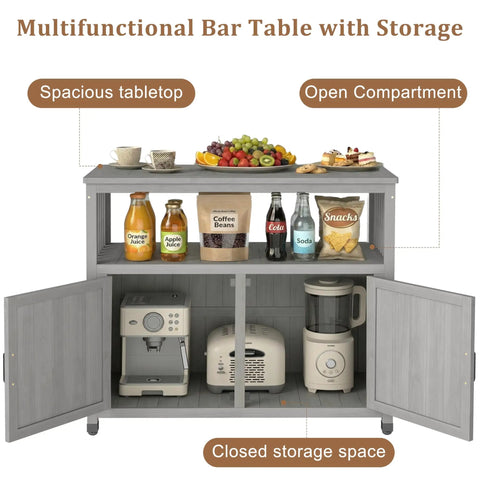 Wooden Patio Bar Table With Storage And Cedar Outdoor Buffet Cabinet Sideboard Serving Station With Double Layer Tabletop 42 Inch By 18 Inch For Patio Deck Backyard Indoor Use Durable Outdoor Bar Console For Entertaining showing spacious tabletop, open compartment, and closed storage space