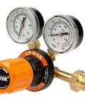 Victor LP gas regulator, front view with dual gauges, orange knob, brass body and CGA 510 inlet