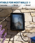 Heavy Duty Outdoor Electric Charger Lock Enclosure Wall Mount Protective Housing For Tesla And All Plug In Vehicle Stations With Multiple Cable Grommets Weatherproof Badass Top Shelf Secure Cover 23X19X10 Inches mounted on stone wall with charging cable.