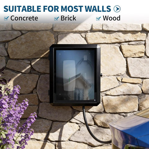 Heavy Duty Outdoor Electric Charger Lock Enclosure Wall Mount Protective Housing For Tesla And All Plug In Vehicle Stations With Multiple Cable Grommets Weatherproof Badass Top Shelf Secure Cover 23X19X10 Inches mounted on stone wall with charging cable.