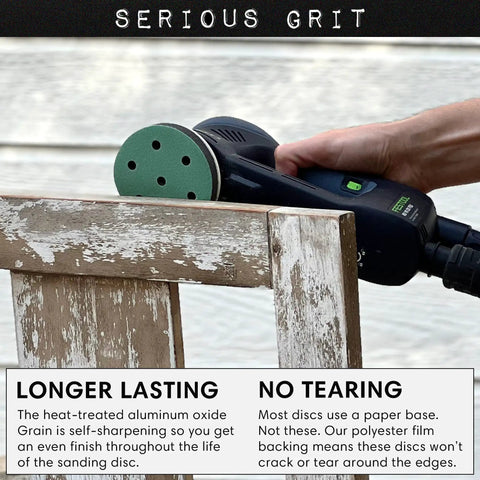 User sanding wood with Beefy 3.5 Inch 7 Hole 60 Grit Sanding Discs For Festool Rotex RO 90 90mm sander