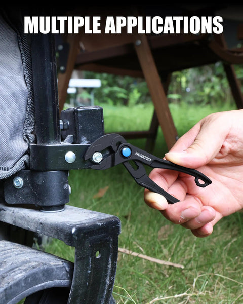 Tiny But Mighty 4 Inch Water Pump Pliers With 15 Position Push Lock V Jaw Groove Joint Pliers used for securing bolt outdoors.