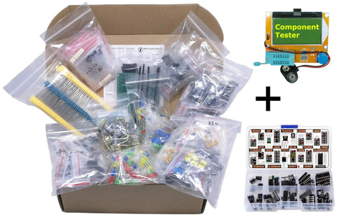 DIY Electronic Component Kit Assortment With Resistors, Capacitors, LEDs, Transistors, Diodes in box and LCR T4 Tester