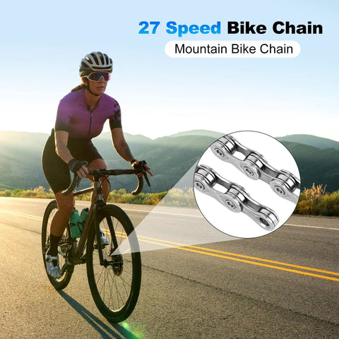 Cyclist on road bike with zoom-in of Heavy Duty Hollow Link Bike Chain For Road BMX Mountain Bikes 21 24 27 Speed Compatibility