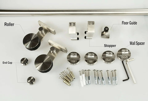 Ten Foot Stainless Steel Sliding Barn Door Hardware Kit with Double Track and Top Mounted Rollers components displayed on white surface.