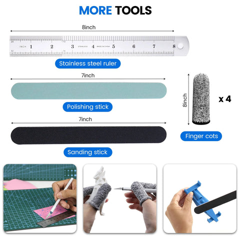 Front view: Auziya 3D printer tool kit with 8-inch ruler, 7-inch polishing/sanding sticks, four 8-inch finger cots