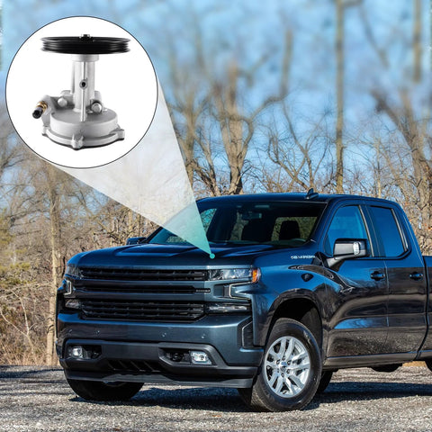 Vacuum pump AULINK 904-861 with pulley (inset), shown on a blue Chevrolet pickup truck front view
