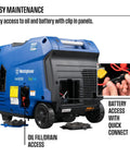 Dual Fuel 5000 Peak Watt Inverter Generator with Remote Start showing oil and battery access