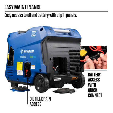 Dual Fuel 5000 Peak Watt Inverter Generator with Remote Start showing oil and battery access