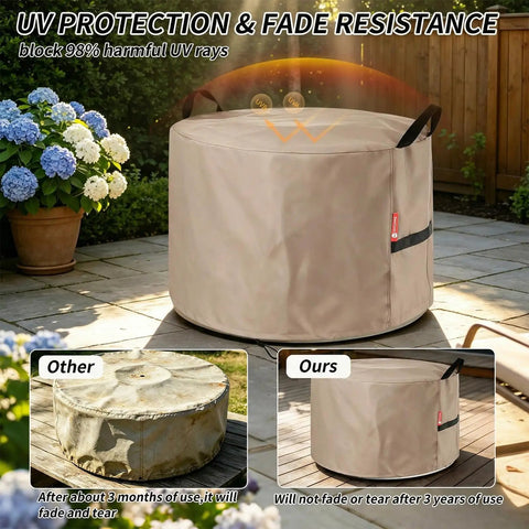 Heavy Duty Tough As Nails Round Fire Pit Cover 23 Inch Diameter Waterproof 600D Oxford in garden setting