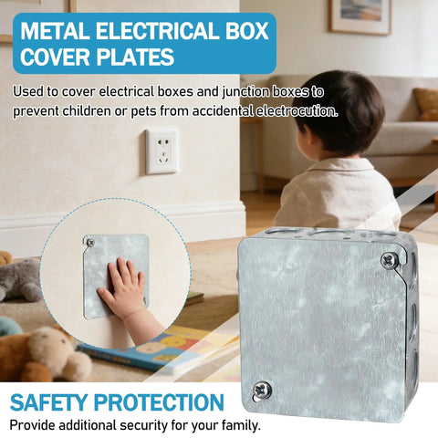 Child near installed 4 Inch Square Beefy Metal Electrical Box Cover Plates Set Of 4 Blank Junction Box Covers In Solid Cold Rolled Steel For 4x4 Inch Square Boxes Durable Flat Outlet Cover Panels To Keep Kids And Pets Safe