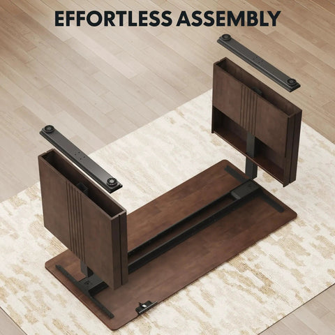 Get The Legit Badass Solid Wood Executive Standing Desk Featuring Sculpted Fluted H Frame Adjustable Height Mid Century Office Table In Rich Walnut For Your Setup, assembly components viewed from above.