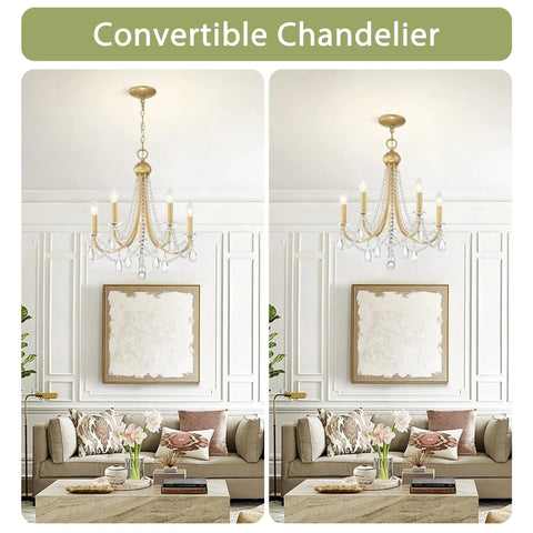 Farmhouse Crystal Chandelier For Living Room And Dining Area shown as hanging and semi flush mount in living room setting.