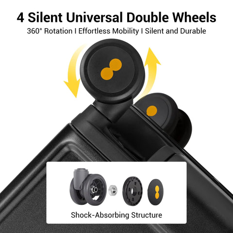 Close-up of LEVEL8 carry-on suitcase wheel assembly with 4 silent universal double wheels, black