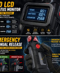 HD LCD status monitor and emergency manual release of the Heavy Duty 12 Ton Electric Hydraulic Cable Crimping Tool Kit.