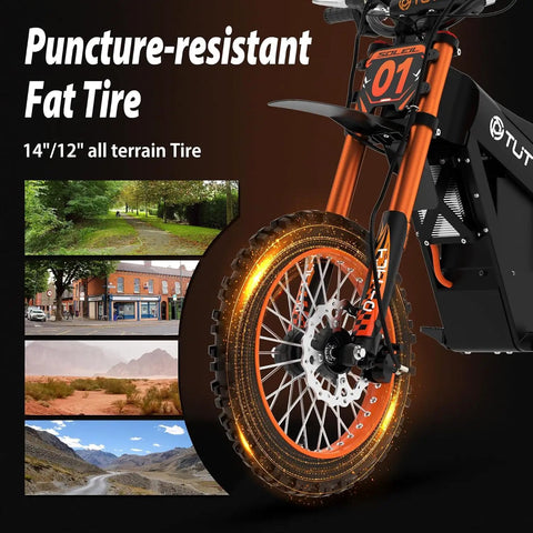 Built To Shred Mini Electric Dirt Bike With Serious 2000W Motor And High Capacity 21Ah Battery, 37Mph Top Speed, Three Fast Gear Modes, 14 By 12 Inch Off Road Tires, Weekend Warrior Ride For Teens And Adults features a close-up of the puncture-resistant fat tire.