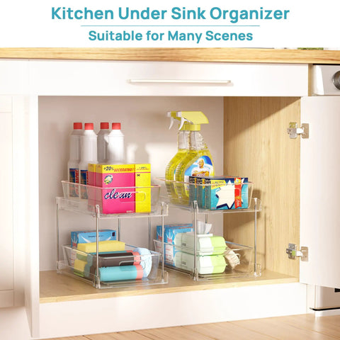 Pull Out Under Sink Organizer Set Of Four Slick Sliding Drawers Multi Purpose Cabinet Storage Tray For Bathroom Vanity Kitchen Pantry Countertop Cosmetic Holder Total Lifesaver in use under sink.