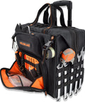 46 Pocket 26 Inch Rolling Tool Bag On Wheels For Pros with tools in pockets, heavy-duty wheels, telescoping handle, black fabric, rugged base.