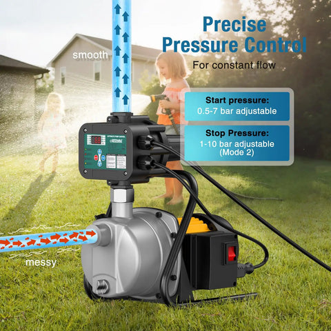 Smart Adjustable Pressure Switch for Well Pumps with Auto Dry Run Protection in garden setting, showcasing precise pressure control.